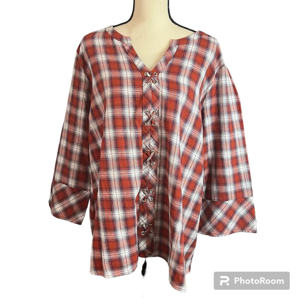 Skies Are Blue NEW Women's Red Plaid Lace-Up Detail Londyn Blouse Sz 3X Feminine